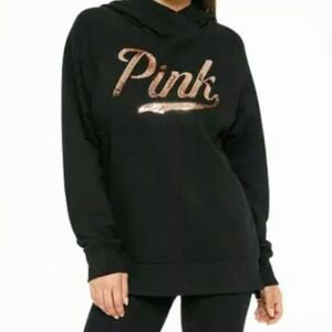 PINK Victorias Secret Gold Sequin Black Hoodie Sz Small